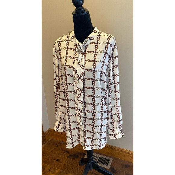 Talbots Blouse Chain Link Cream  Sz 3X Button Down  Top Tie@ Neck Cuffed Sleeve - Picture 4 of 12
